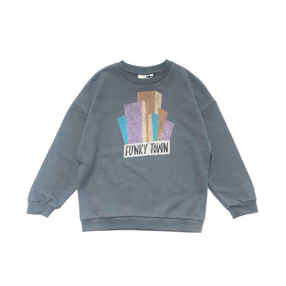 Sweatshirt in blau grau mit Hochhaus Print und Schriftzug Funky Town